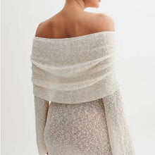 Load image into Gallery viewer, Women's Spring Summer Knitted Dress Elegant Party Boat Neck Dress Infant Off Shoulder Bodycon Long Sleeve Fuzzy Short Club Chic Mini Dress