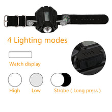 Load image into Gallery viewer, LED watch flashlight flashlight portable light USB charging 4 mode light tactical flashlight time display with compass
