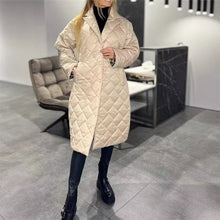 Load image into Gallery viewer, Winter Rhombus Stitching Coat Warm Solid Color Pocket Lapel Long Jacket Women's Clothing