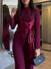 Cargar imagen en el visor de la galería, Burgundy Satin Strappy Top & High-waisted Pants Set