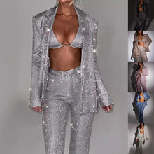 Load image into Gallery viewer, 3pcs Shiny Long-sleeved Suit With Bra Lapel Blazer And Straight-leg Trousers Fashion Party Jacket Set For Women Clothing