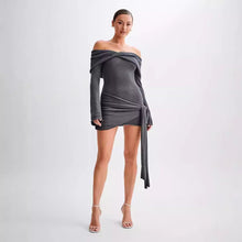Load image into Gallery viewer, Knitted Off-shoulder Irregular Lace-up Dress Sweater