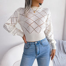 Load image into Gallery viewer, Hollow Plaid Long Sleeves Cropped Knitted Sweater