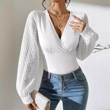 Load image into Gallery viewer, Women's Chiffon Stitching Solid Color Knitted Deep V Long Sleeve Top