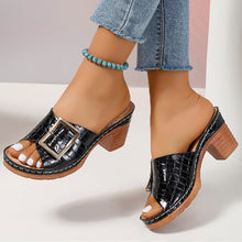 Load image into Gallery viewer, Fashion Crocodile-textured Buckle Sandals Square Chunky Heel Peep-toe Slides Slippers Women Shoes