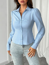 Load image into Gallery viewer, Devine Ruched Collared Neck Long Sleeve Shirt