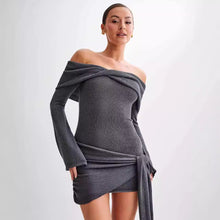 Load image into Gallery viewer, Knitted Off-shoulder Irregular Lace-up Dress Sweater