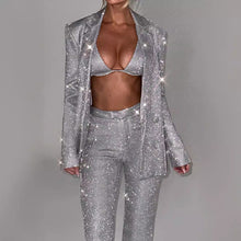 Load image into Gallery viewer, 3pcs Shiny Long-sleeved Suit With Bra Lapel Blazer And Straight-leg Trousers Fashion Party Jacket Set For Women Clothing