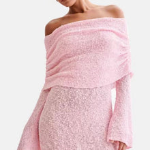 Load image into Gallery viewer, Women's Spring Summer Knitted Dress Elegant Party Boat Neck Dress Infant Off Shoulder Bodycon Long Sleeve Fuzzy Short Club Chic Mini Dress