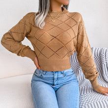 Load image into Gallery viewer, Hollow Plaid Long Sleeves Cropped Knitted Sweater