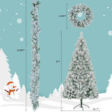 Load image into Gallery viewer, 6 Feet Snow Covered Christmas Tree, Pre-Installed Light Set With Tree & Garland & Garland, Artificial Hinged Christmas Tree With Colored LED Lights, 8 Lighting Modes, Pine Cone, Home Holiday Decoratio