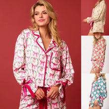 Cargar imagen en el visor de la galería, 2 Pcs Women's Christmas Pajama Set Santa Tree Print Lapel Neck Button-up Long Sleeve Tops Shorts Loungewear Outfit