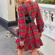Load image into Gallery viewer, Plaid Printed V-neck Puff Sleeve Ruffled Hem Drawstring Dress