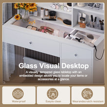 Load image into Gallery viewer, Vanity Desk With Mirror And 3 Lighting Modes, Makeup Vanity With Glass Top And Storage Shelves, Dressing Table With 2 Drawers And Cabinet