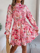 Load image into Gallery viewer, Standing Collar Floral Print Waist-controlled Long Sleeves Ruffled A-line Dresses For Women Spring Autumn Ruffle Edge Long Dress