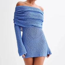 Load image into Gallery viewer, Women's Spring Summer Knitted Dress Elegant Party Boat Neck Dress Infant Off Shoulder Bodycon Long Sleeve Fuzzy Short Club Chic Mini Dress