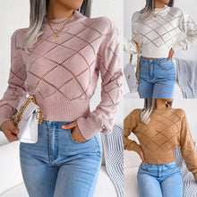 Load image into Gallery viewer, Hollow Plaid Long Sleeves Cropped Knitted Sweater