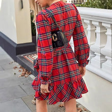 Load image into Gallery viewer, Plaid Printed V-neck Puff Sleeve Ruffled Hem Drawstring Dress