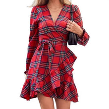 Load image into Gallery viewer, Plaid Printed V-neck Puff Sleeve Ruffled Hem Drawstring Dress
