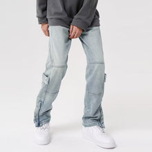 Cargar imagen en el visor de la galería, Vaqueros estilo americano de pierna ancha, rectos, retro, con cremallera dividida y resistentes al agua, de color claro
