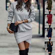 Load image into Gallery viewer, Long Sleeve Dress Solid Color High Neck Cross Short Dress Womens Clothing