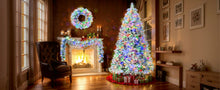 Load image into Gallery viewer, 6 Feet Snow Covered Christmas Tree, Pre-Installed Light Set With Tree & Garland & Garland, Artificial Hinged Christmas Tree With Colored LED Lights, 8 Lighting Modes, Pine Cone, Home Holiday Decoratio