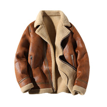 Load image into Gallery viewer, Fur Integrated Fleece-lined Padded Lapel Plus Size Leather Coat