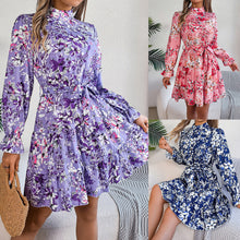 Load image into Gallery viewer, Standing Collar Floral Print Waist-controlled Long Sleeves Ruffled A-line Dresses For Women Spring Autumn Ruffle Edge Long Dress