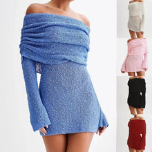 Load image into Gallery viewer, Women's Spring Summer Knitted Dress Elegant Party Boat Neck Dress Infant Off Shoulder Bodycon Long Sleeve Fuzzy Short Club Chic Mini Dress