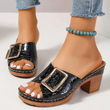 Load image into Gallery viewer, Fashion Crocodile-textured Buckle Sandals Square Chunky Heel Peep-toe Slides Slippers Women Shoes