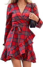 Load image into Gallery viewer, Plaid Printed V-neck Puff Sleeve Ruffled Hem Drawstring Dress