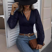 Load image into Gallery viewer, Women's Chiffon Stitching Solid Color Knitted Deep V Long Sleeve Top