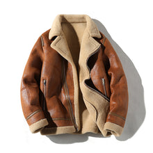 Load image into Gallery viewer, Fur Integrated Fleece-lined Padded Lapel Plus Size Leather Coat