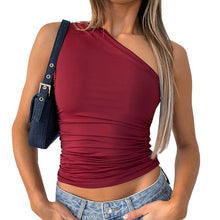 Cargar imagen en el visor de la galería, Top tipo chaleco plisado con un solo hombro y espalda descubierta en color liso