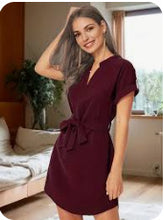 Load image into Gallery viewer, V-neck Short Sleeve Dress With Belt Summer Fashion Bowknot Dresses For Women Clothing