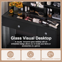 Load image into Gallery viewer, Vanity Desk With Mirror And 3 Lighting Modes, Makeup Vanity With Glass Top And Storage Shelves, Dressing Table With 2 Drawers And Cabinet