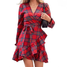 Load image into Gallery viewer, Plaid Printed V-neck Puff Sleeve Ruffled Hem Drawstring Dress