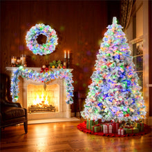 Load image into Gallery viewer, 6 Feet Snow Covered Christmas Tree, Pre-Installed Light Set With Tree & Garland & Garland, Artificial Hinged Christmas Tree With Colored LED Lights, 8 Lighting Modes, Pine Cone, Home Holiday Decoratio