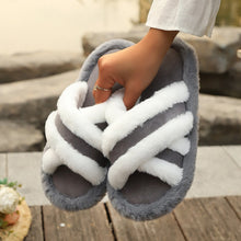 Load image into Gallery viewer, Fluffy Slippers Cross Strap Stitching Warm Casual Platform Slippers