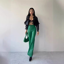 Load image into Gallery viewer, Women's Leather High Waist Stretch Metal Hole Lace-up Pants
