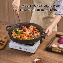 Load image into Gallery viewer, WANGYUANJI 11Cast Iron Wok With Dual Handles And Wooden Lid, Uncoated Frying Pan For Gas And IH, Chinese Thickened Pancake Pan, Stir-frying And IH Universal, With Free Steel Wire Ball