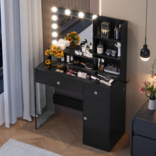 Load image into Gallery viewer, Vanity Desk With Mirror And 3 Lighting Modes, Makeup Vanity With Glass Top And Storage Shelves, Dressing Table With 2 Drawers And Cabinet