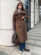 Load image into Gallery viewer, Fashion Large Lapel Long Coat Winter Warm Cotton Jacket With Pockets And Lace-up Design Casual Solid Color Thick Coat For Women Outwear Clothing