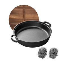 Load image into Gallery viewer, WANGYUANJI 11Cast Iron Wok With Dual Handles And Wooden Lid, Uncoated Frying Pan For Gas And IH, Chinese Thickened Pancake Pan, Stir-frying And IH Universal, With Free Steel Wire Ball