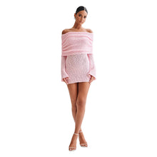 Load image into Gallery viewer, Women's Spring Summer Knitted Dress Elegant Party Boat Neck Dress Infant Off Shoulder Bodycon Long Sleeve Fuzzy Short Club Chic Mini Dress