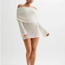 Load image into Gallery viewer, Women's Spring Summer Knitted Dress Elegant Party Boat Neck Dress Infant Off Shoulder Bodycon Long Sleeve Fuzzy Short Club Chic Mini Dress