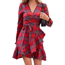 Load image into Gallery viewer, Plaid Printed V-neck Puff Sleeve Ruffled Hem Drawstring Dress