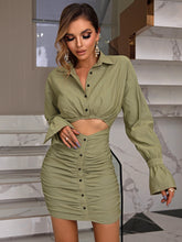 Load image into Gallery viewer, Ruched Cutout Flounce Sleeve Shirt Dress