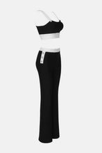 Load image into Gallery viewer, Contrast Decorative Button Cropped Cami and Flare Pants Set
