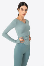 Load image into Gallery viewer, Thumbhole Long Sleeve Pleated Detail Notched Sports Top